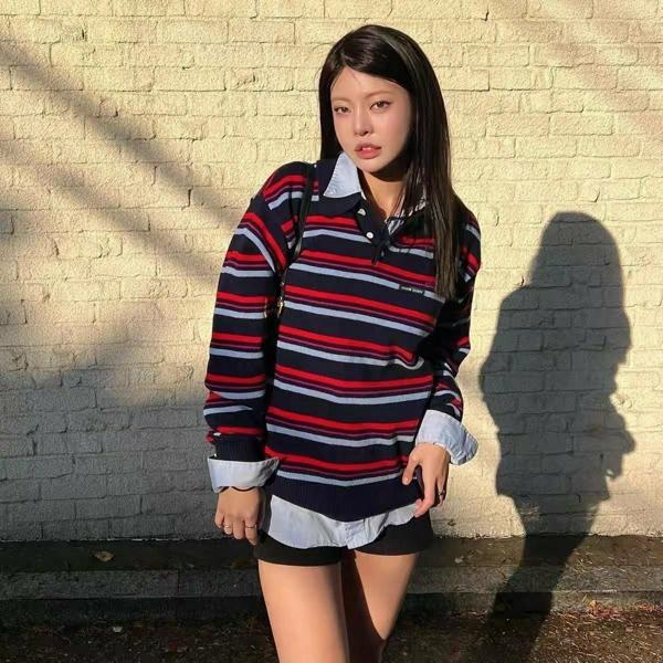 미*** 스트라이프 카라 니트 스웨터