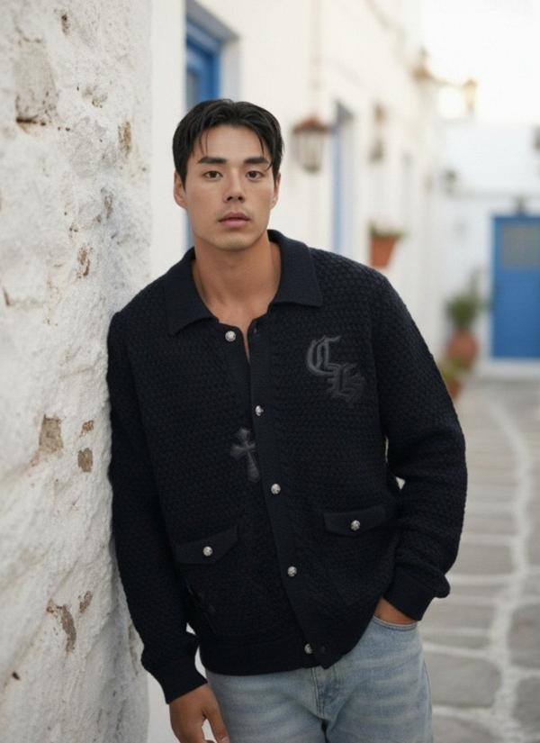 크* 크로스 레더패치 와플 울가디건수입최고급