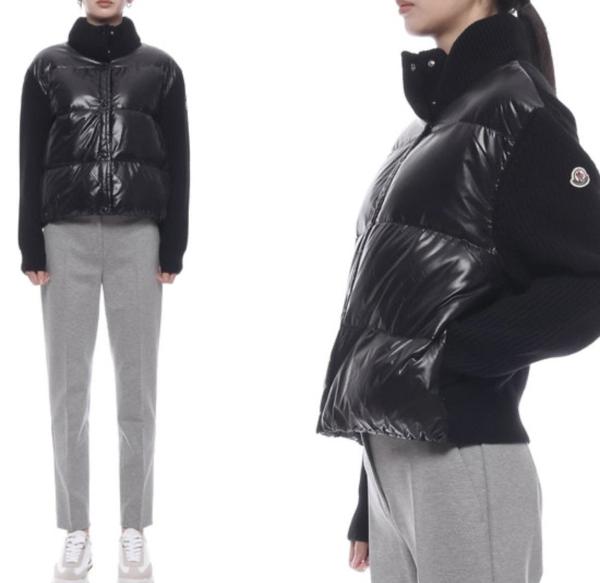 로고패치 패딩 레이어드 하이넥 여성 니트 집업