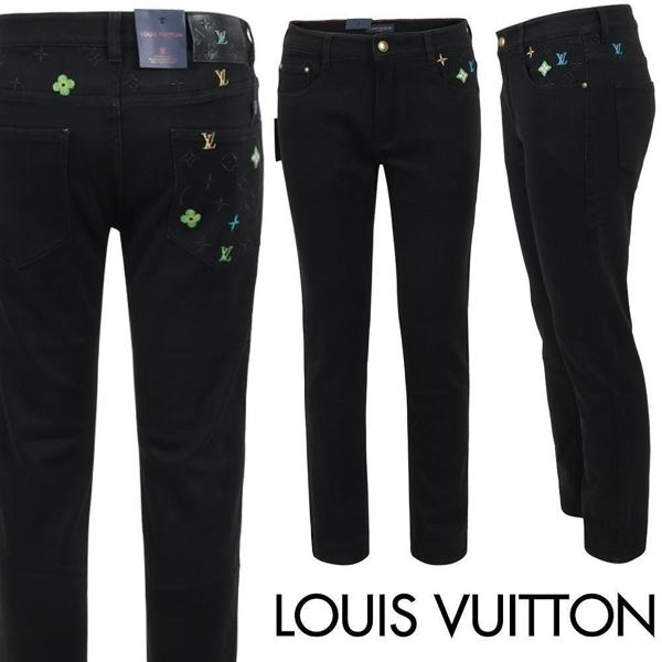 루* 네온 멀티자수 블랙 슬림 일자진 피치 기모 원단