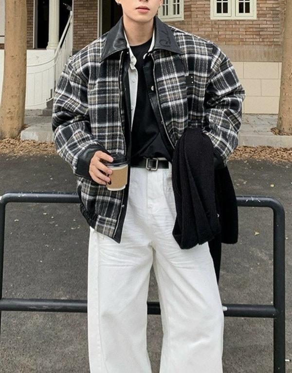 버** 레더 카라 체크 자켓