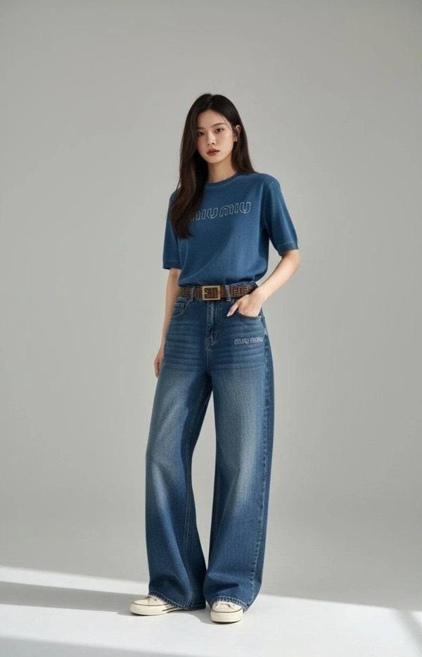 미*** 로고 자수 배기 커브 워싱 데님팬츠수입풀(여성)