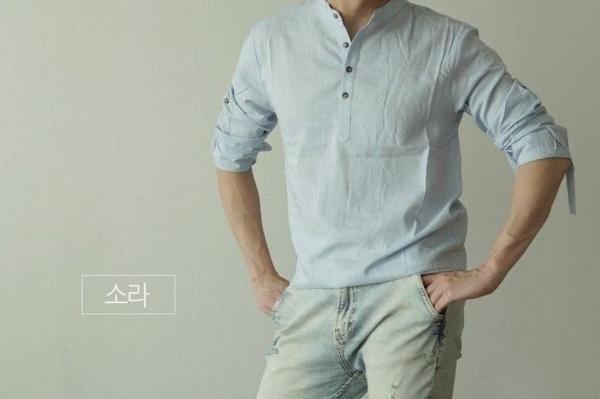 롤업 린넨 헨리넥 워싱 셔츠