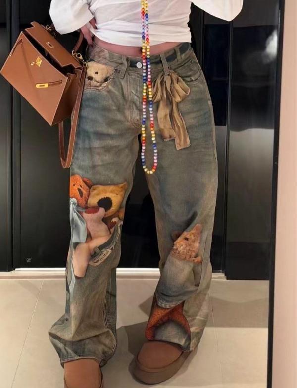 아** 스튜디오 26 1981 곰돌이 프린팅 루즈핏 진  수입