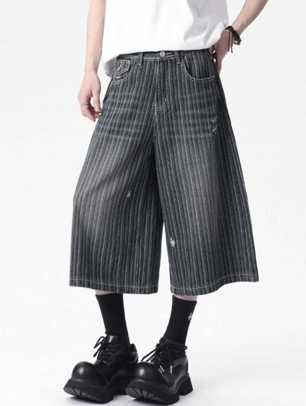프** 스트라이프 워싱 데님 버뮤다 팬츠 (남녀공용)