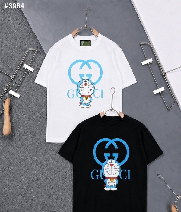 구* X 도라에몽 콜라보 인터로킹 GG 블루 프린팅 티셔츠