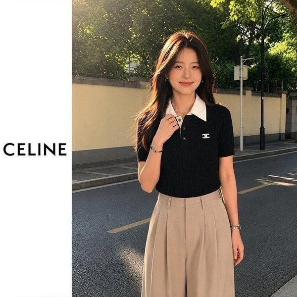 셀** 배색카라 꽈배기 반팔니트