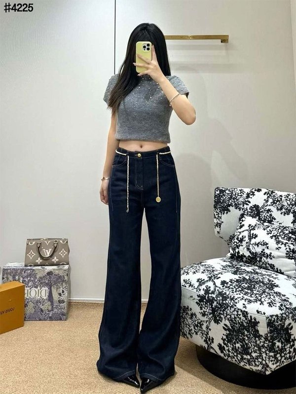 생** 골드 체인 벨트 세미 부츠컷 데님 팬츠