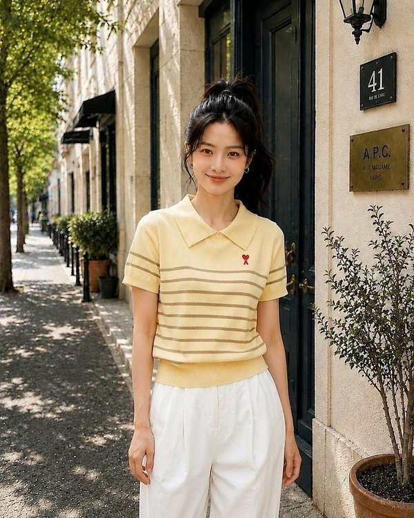 아* 스몰하트 스트라이프 카라 니트