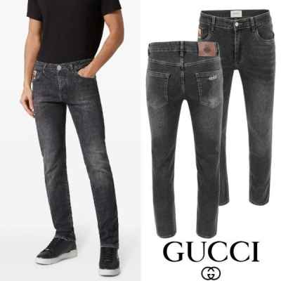 구* 더블로고 레터링 자수 흑청 슬림진