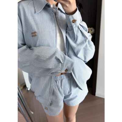 미*** 25 자수로고 블루 스트라이프 데님 자켓 반바지 세트  수입