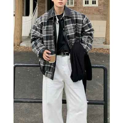 버** 레더 카라 체크 자켓