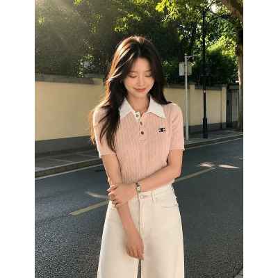 셀** 배색카라 꽈배기 반팔니트