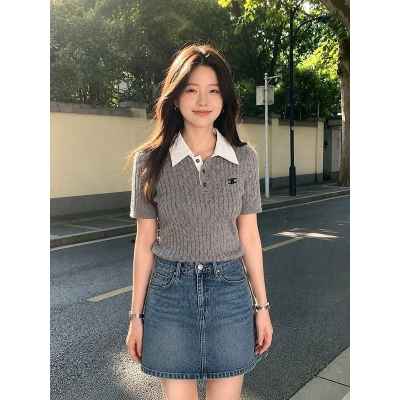 셀** 배색카라 꽈배기 반팔니트